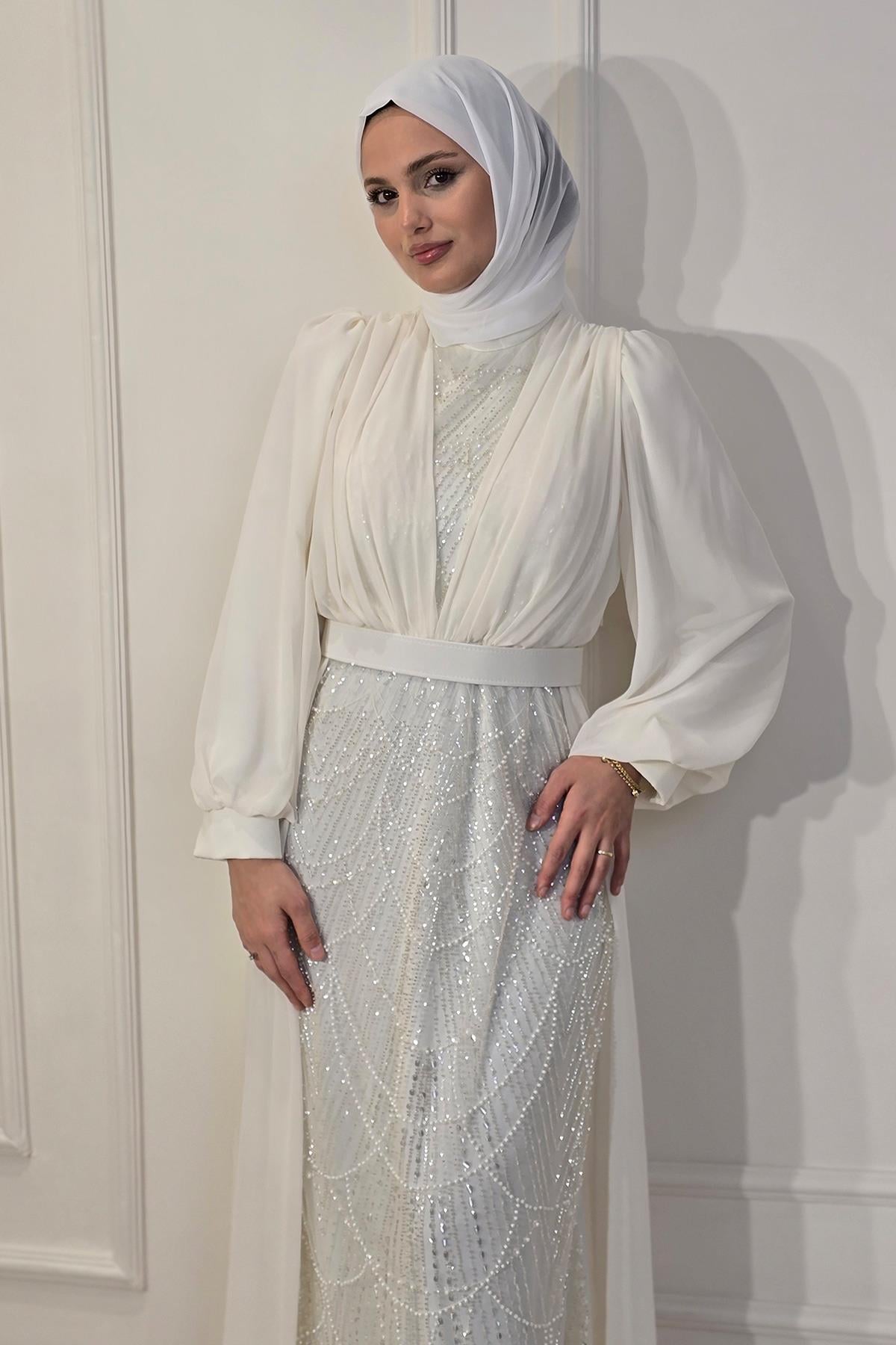 Beyaz Şifon Boncuklu Abiye 4630