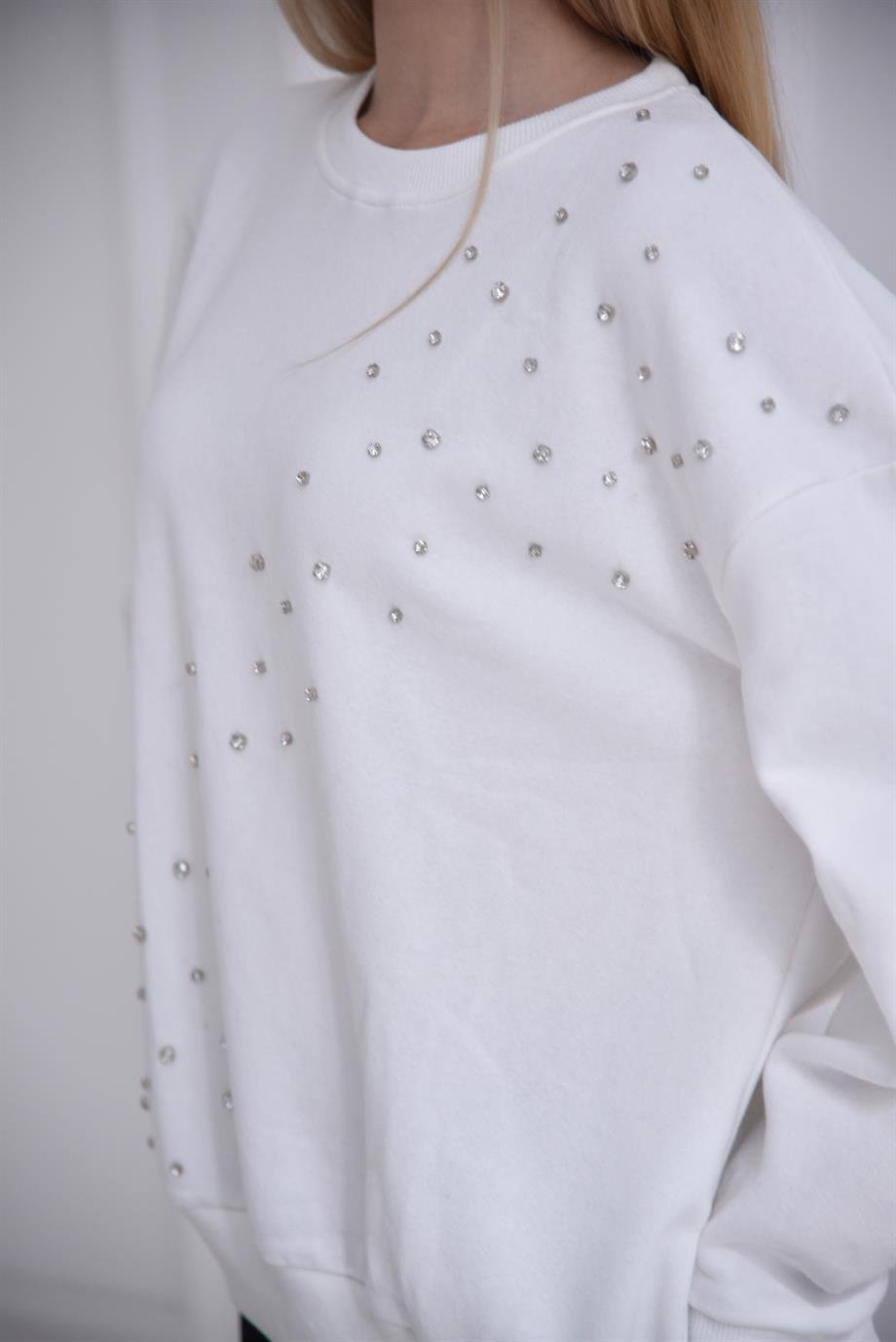 Beyaz ZR Taşlı Sweat 1337