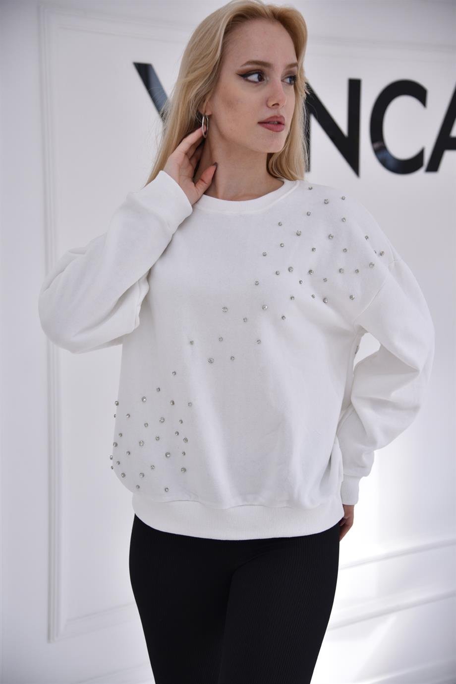 Beyaz ZR Taşlı Sweat 1337