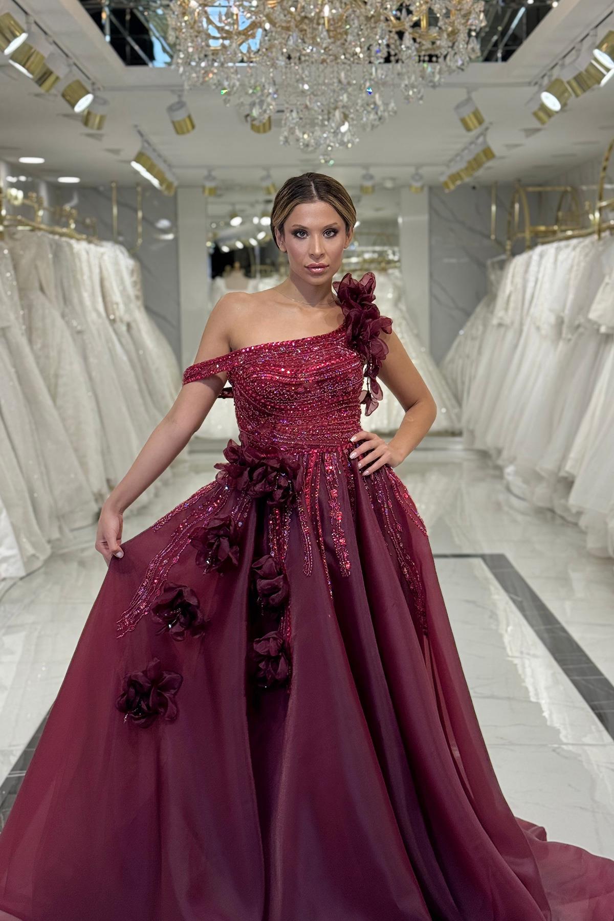 Bordo Asimetrik Yaka Nişanlık 7979