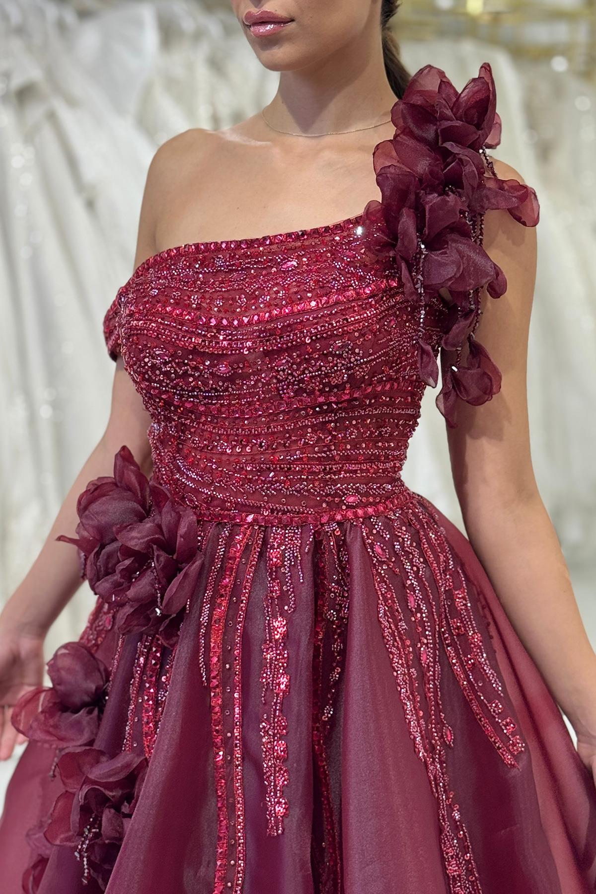 Bordo Asimetrik Yaka Nişanlık 7979