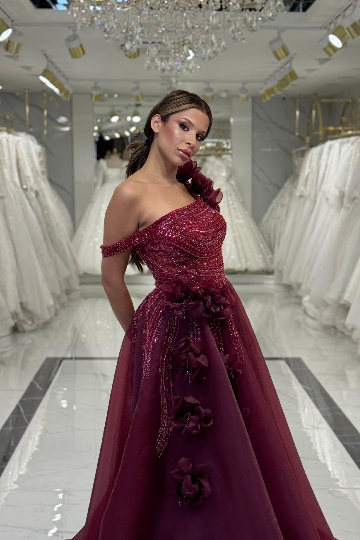 Bordo Asimetrik Yaka Nişanlık 7979