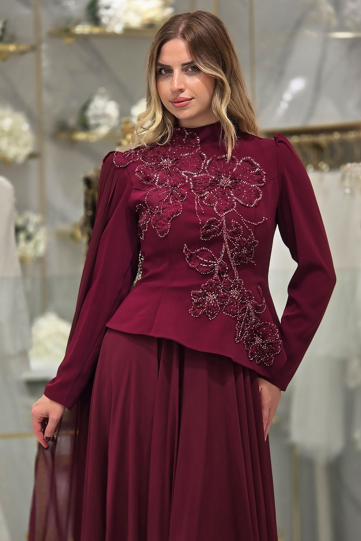 Bordo Çiçek Detaylı Krep Abiye 4478