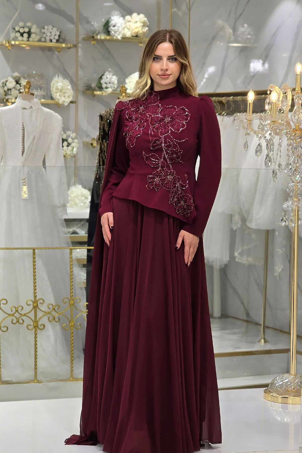 Bordo Çiçek Detaylı Krep Abiye 4478