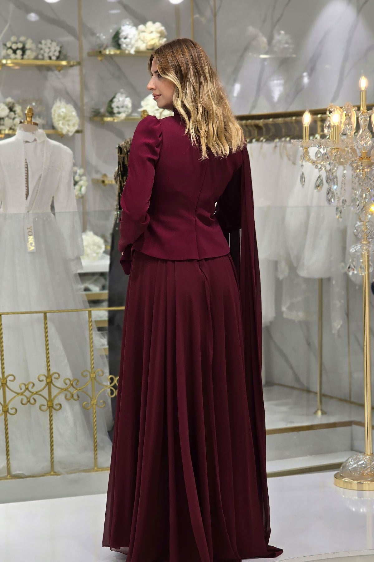 Bordo Çiçek Detaylı Krep Abiye 4478
