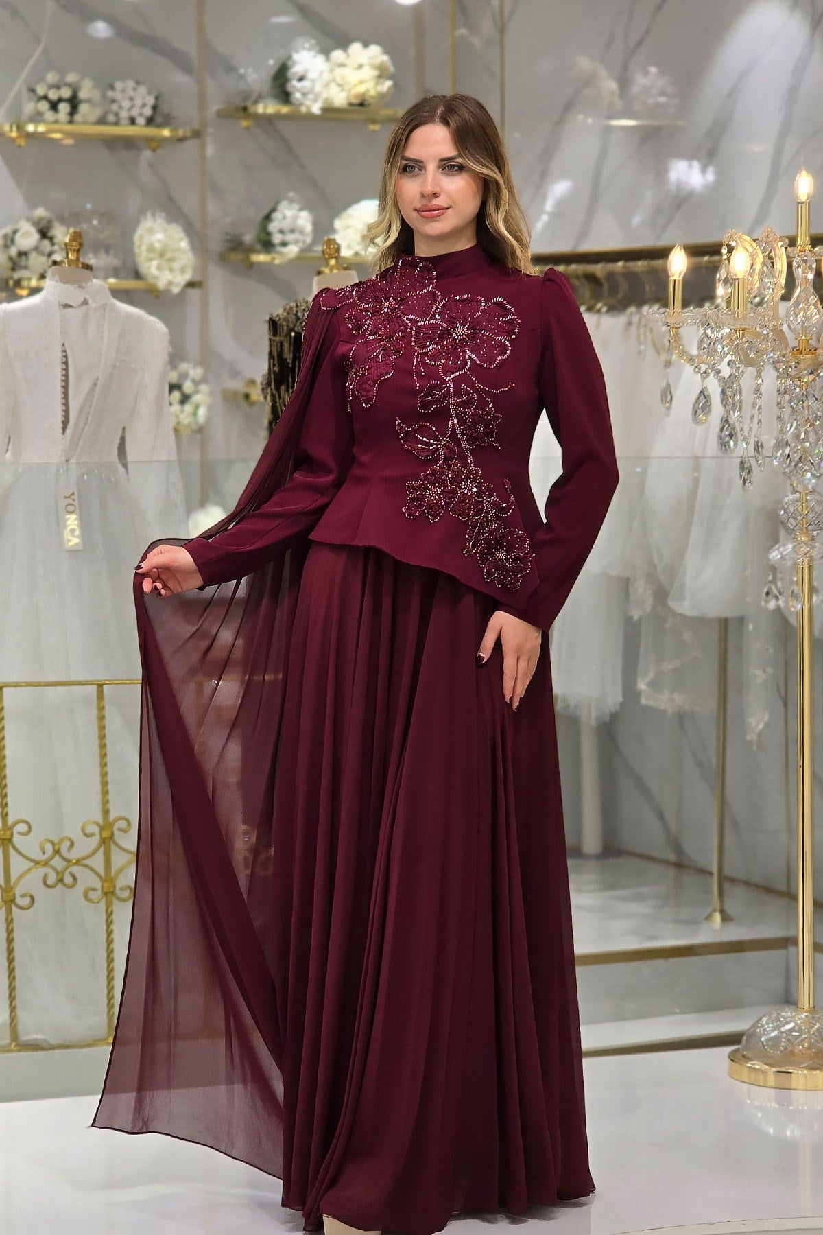 Bordo Çiçek Detaylı Krep Abiye 4478