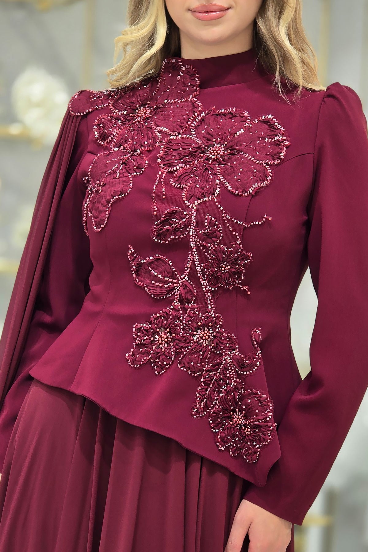 Bordo Çiçek Detaylı Krep Abiye 4478