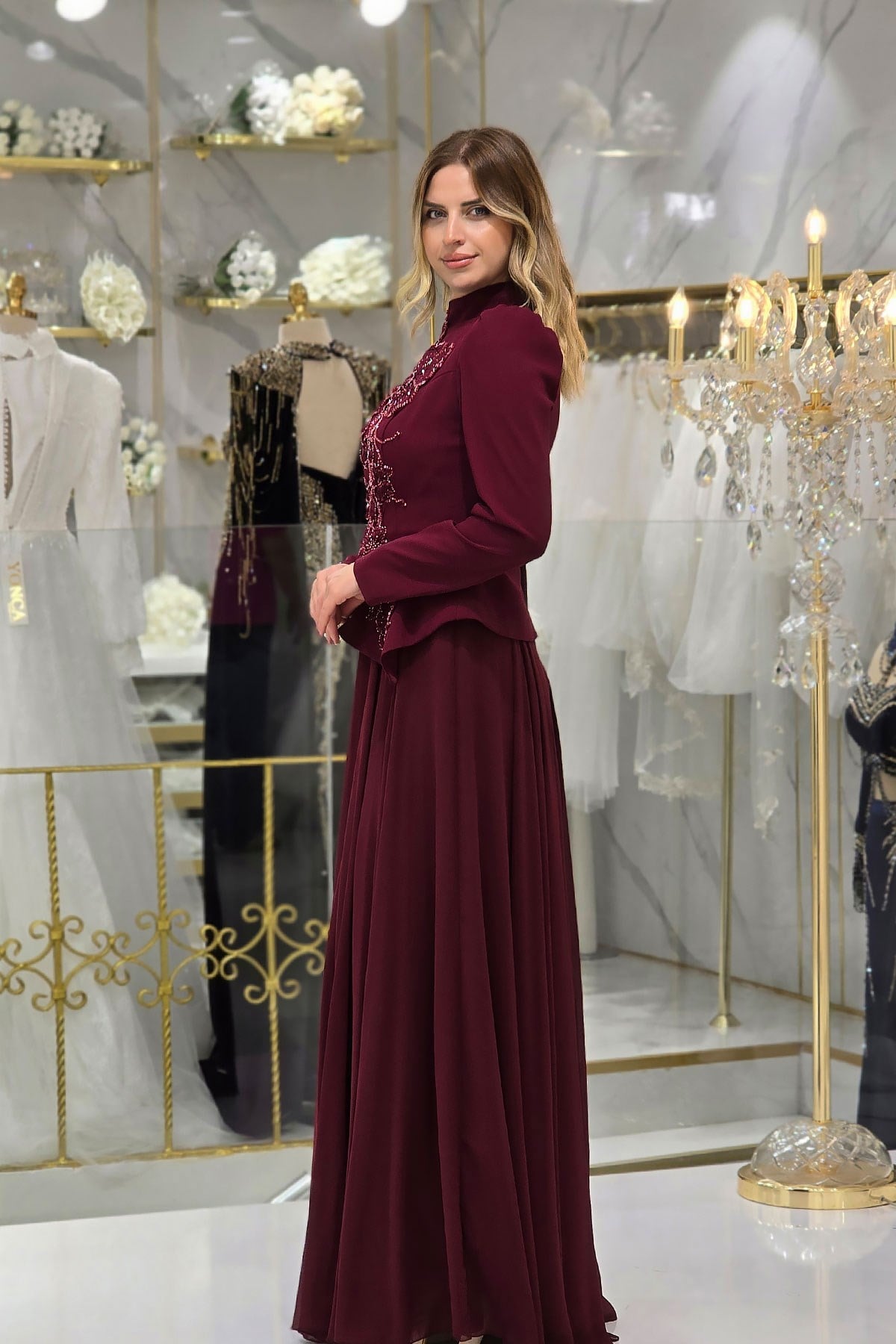 Bordo Çiçek Detaylı Krep Abiye 4478