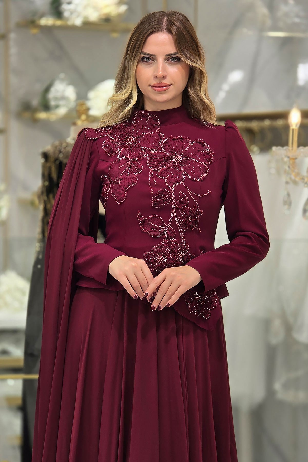 Bordo Çiçek Detaylı Krep Abiye 4478