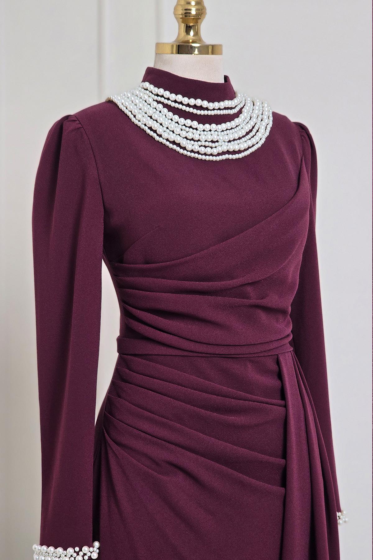 Bordo İncili Krep Elbise 3973