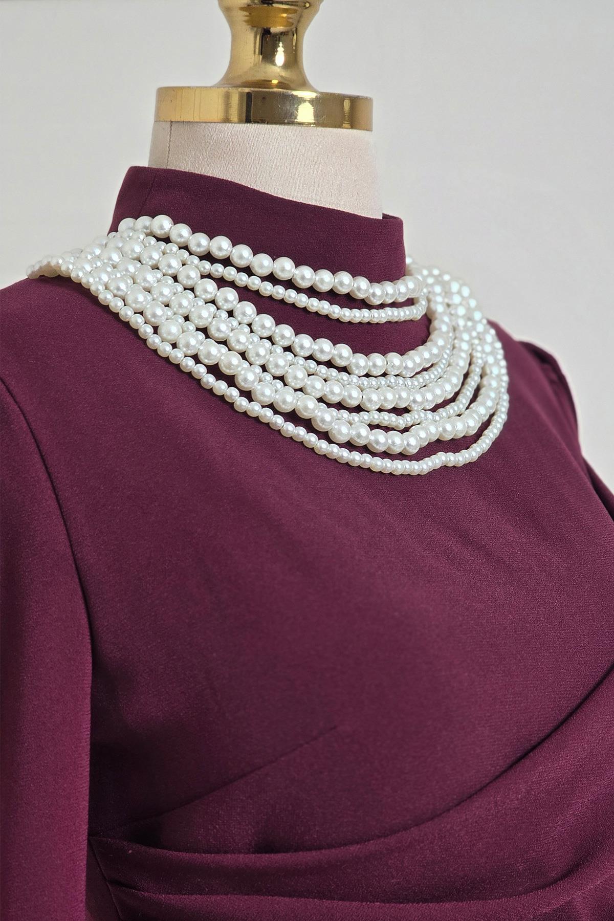 Bordo İncili Krep Elbise 3973