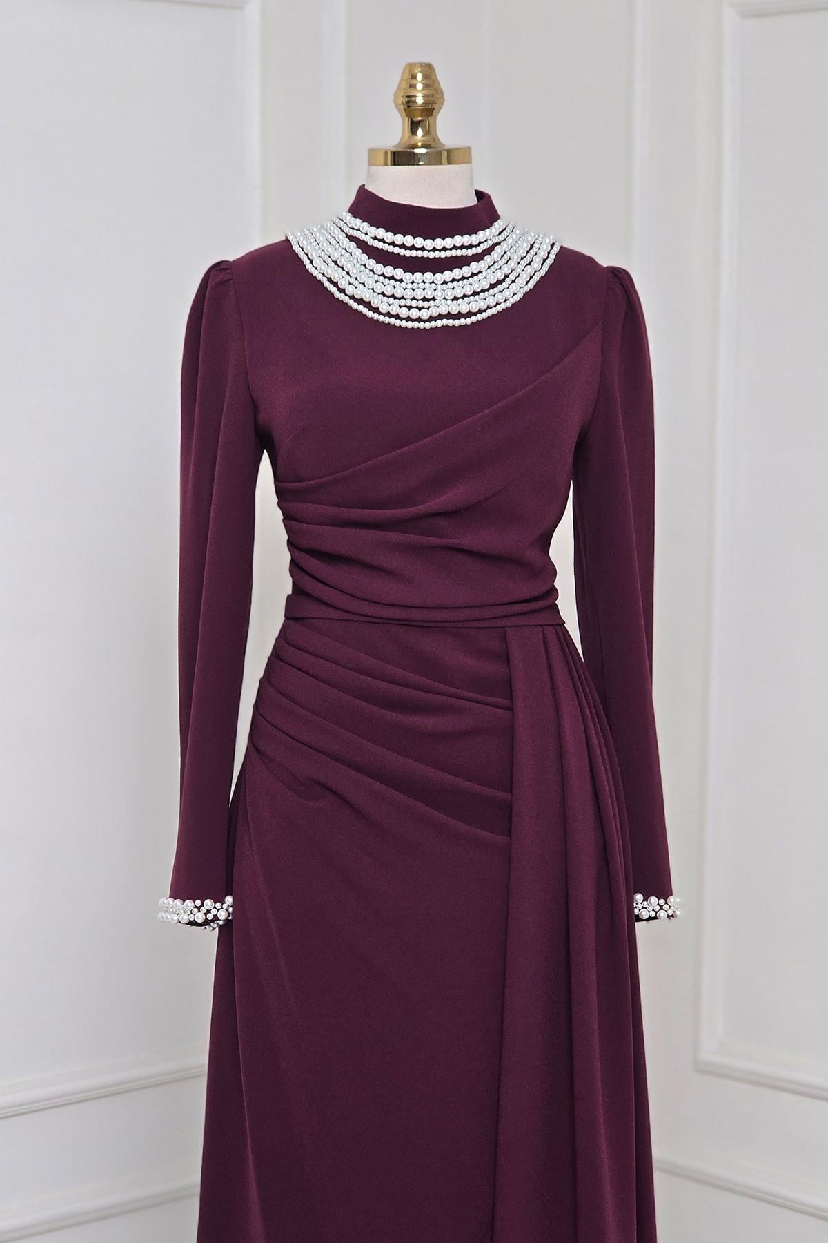 Bordo İncili Krep Elbise 3973