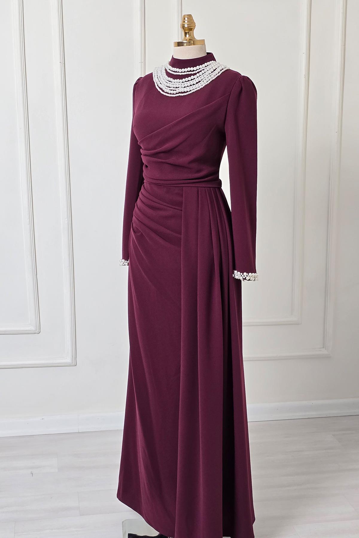 Bordo İncili Krep Elbise 3973