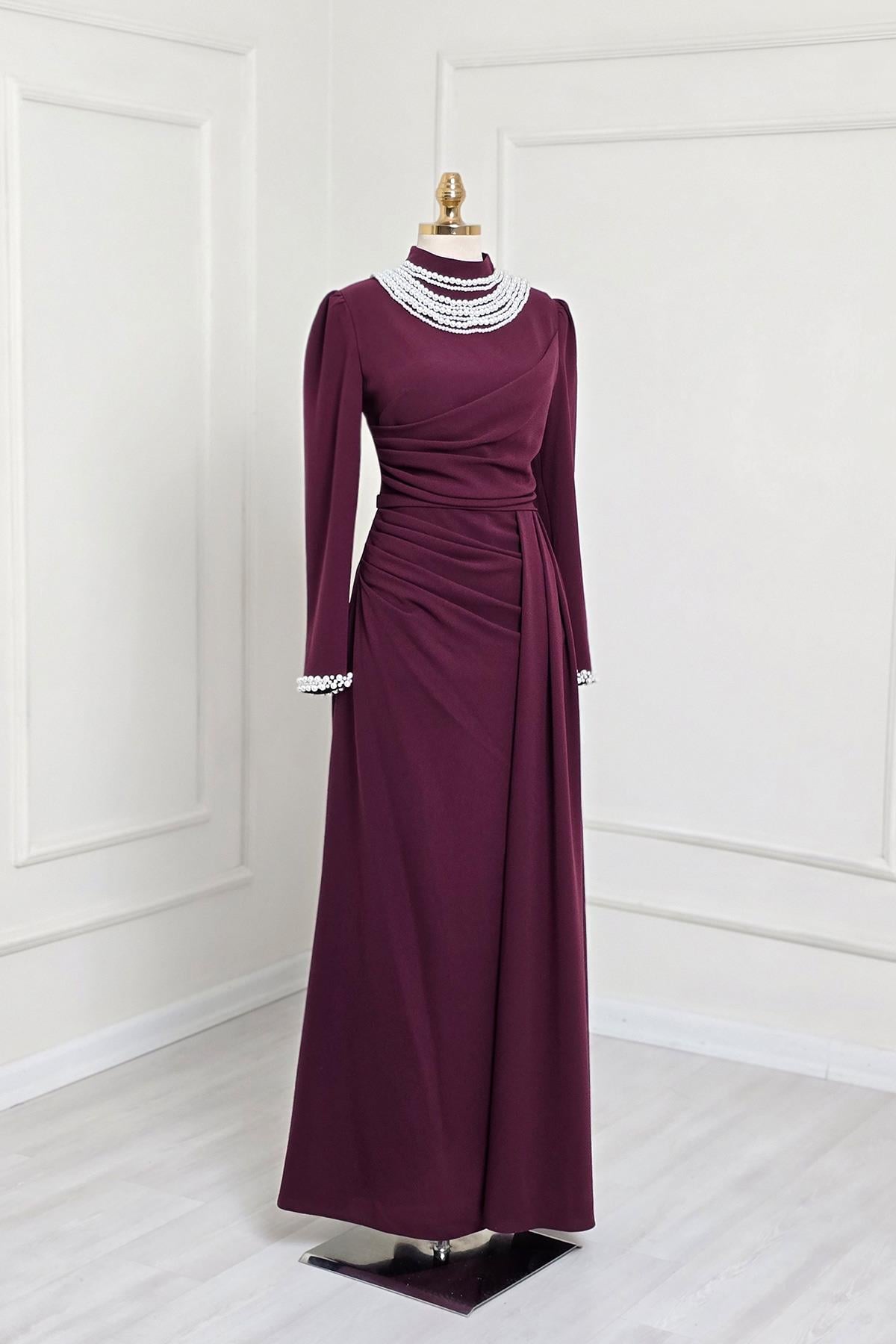Bordo İncili Krep Elbise 3973
