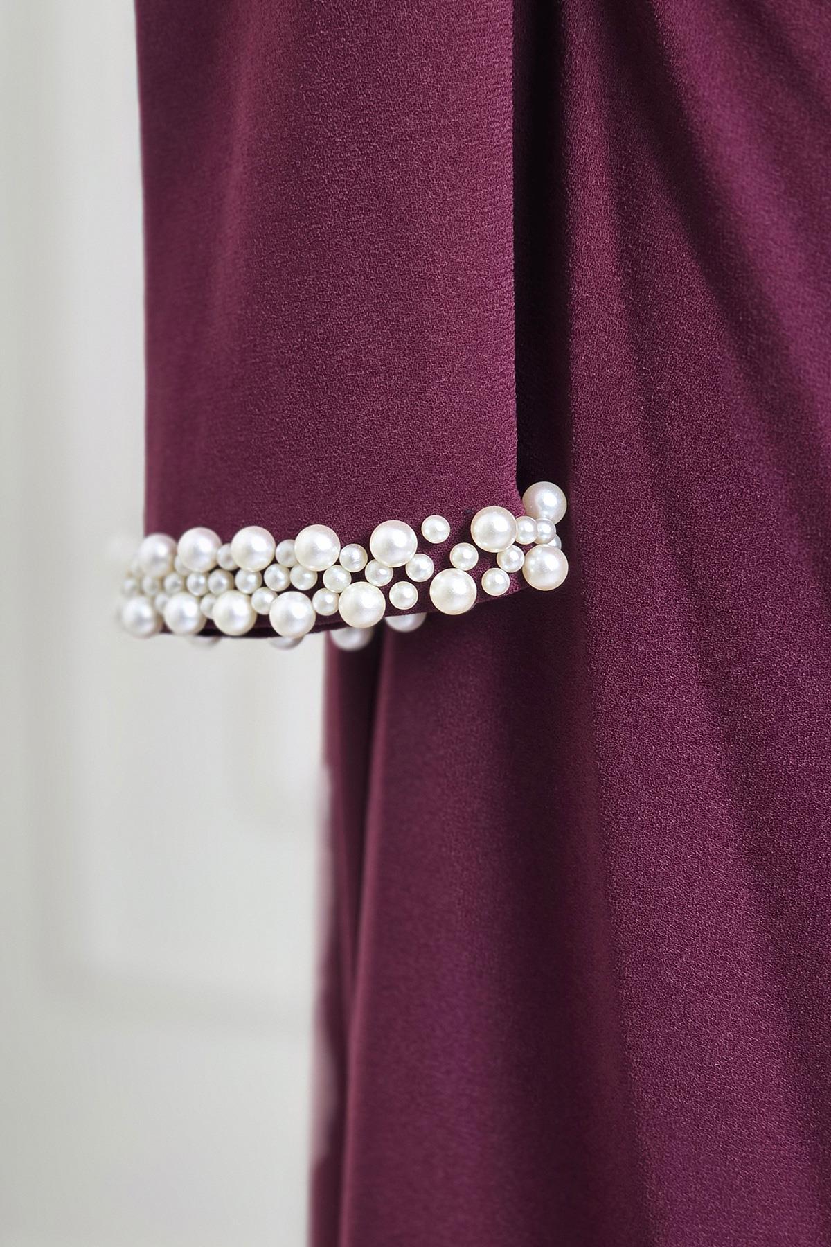 Bordo İncili Krep Elbise 3973