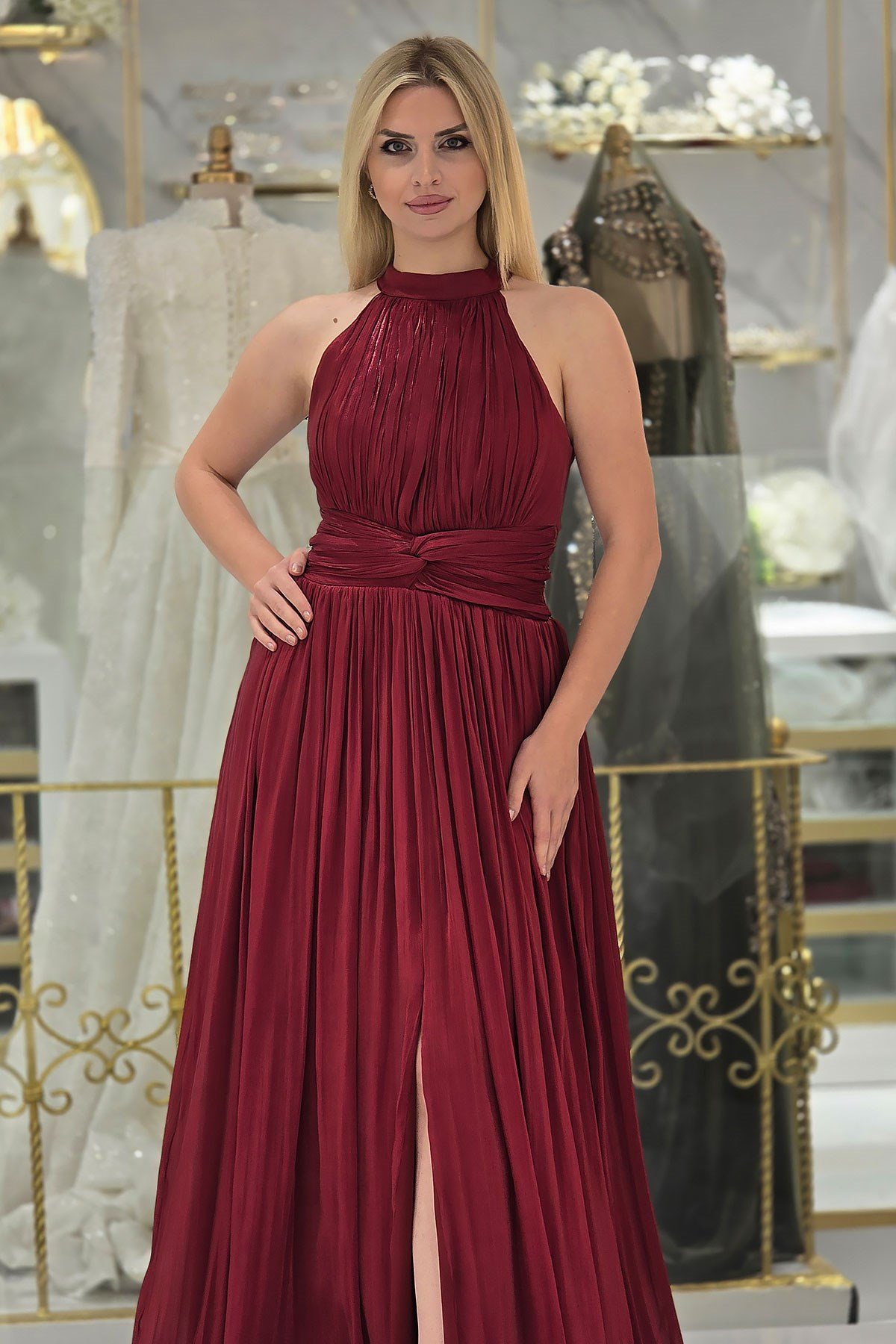 Bordo İpek Organze Halter Yaka Abiye 6882
