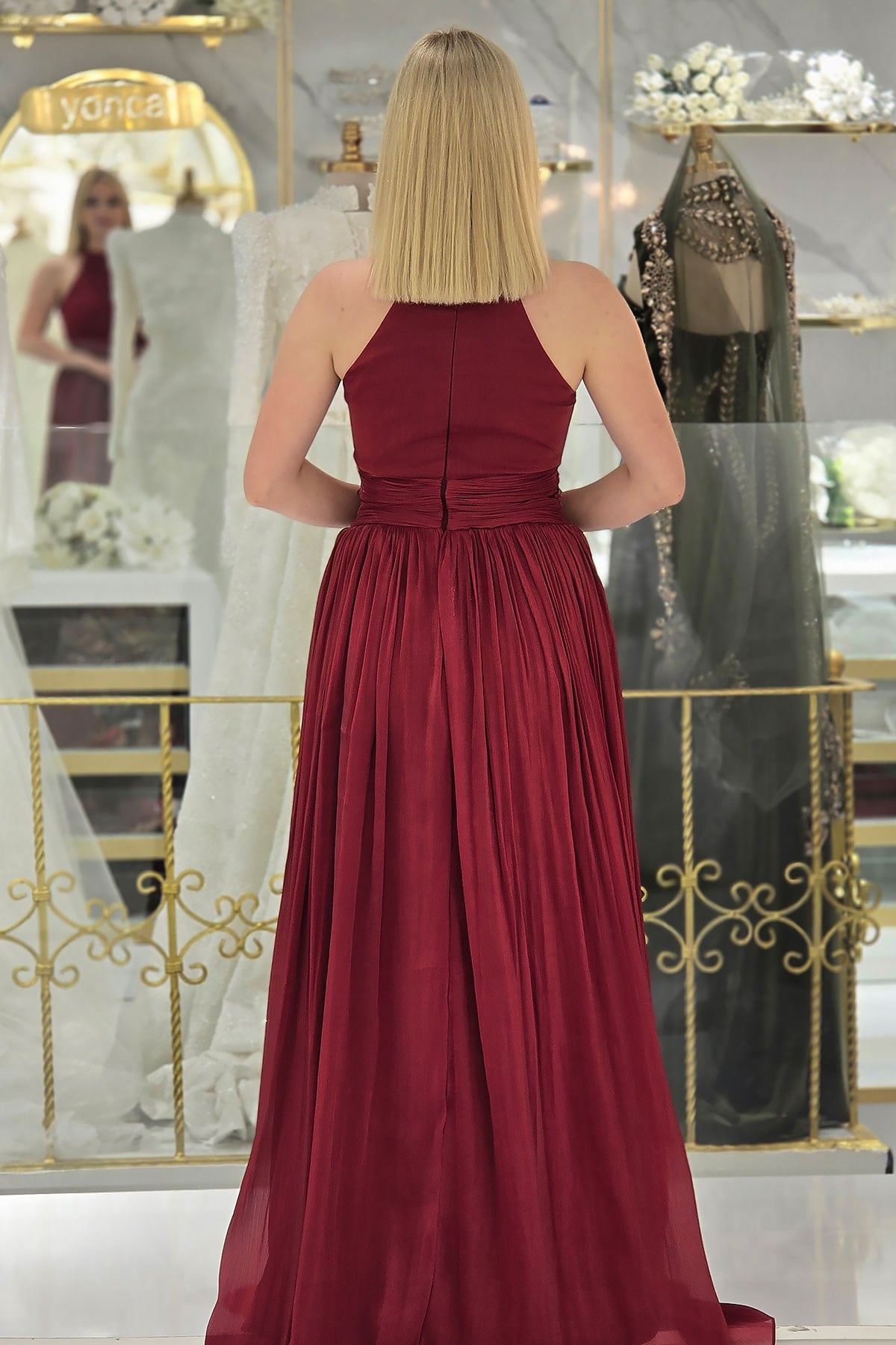 Bordo İpek Organze Halter Yaka Abiye 6882