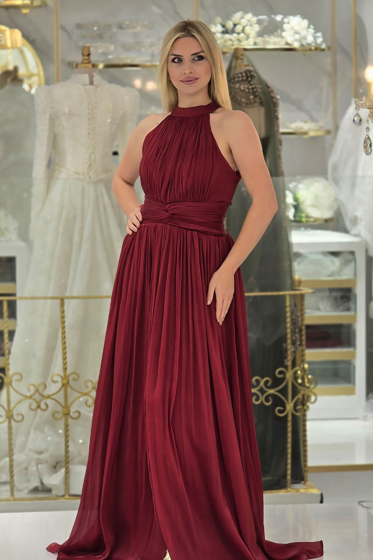 Bordo İpek Organze Halter Yaka Abiye 6882