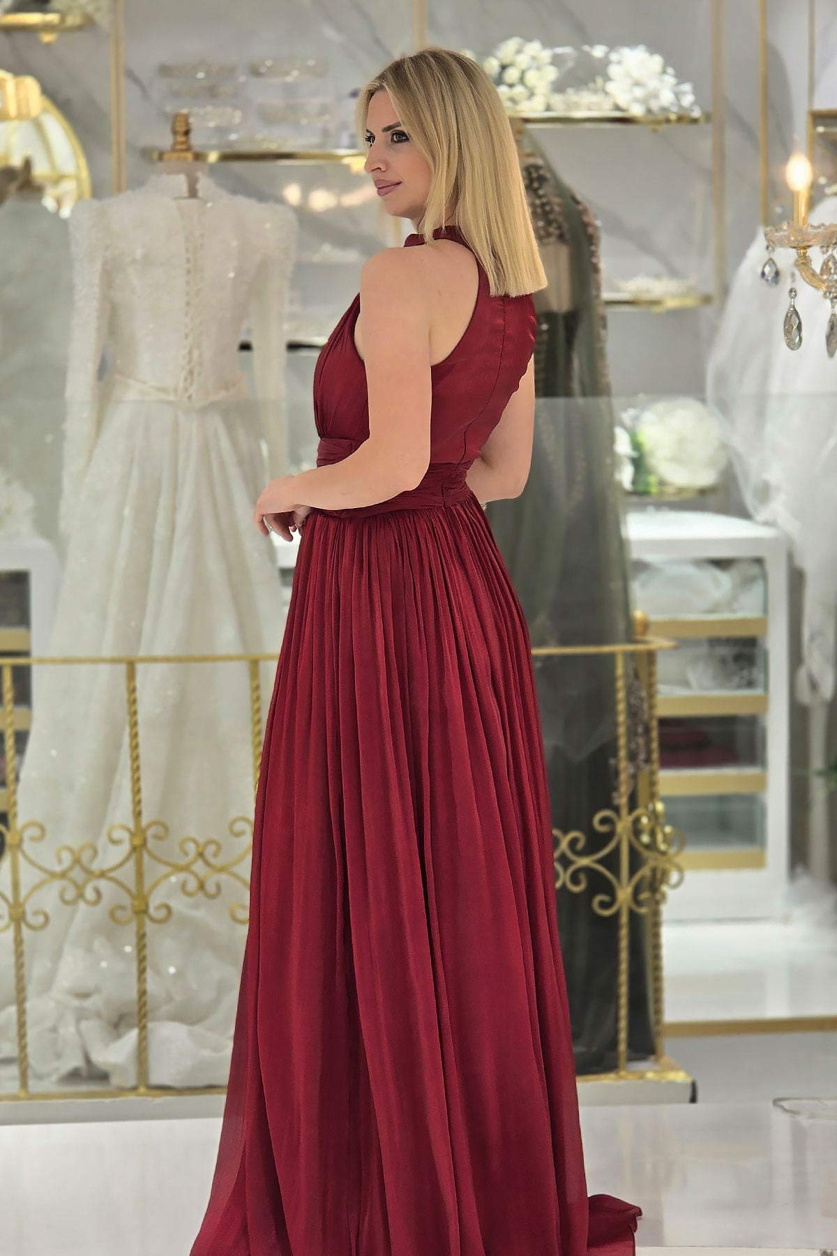 Bordo İpek Organze Halter Yaka Abiye 6882