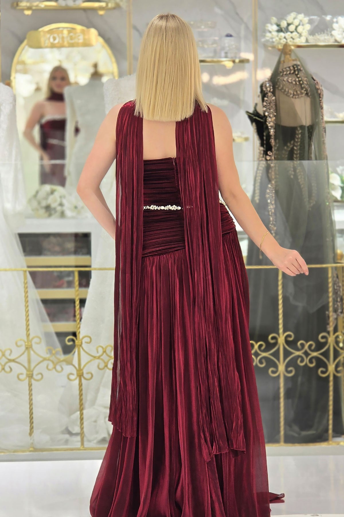 Bordo Kolsuz Taş Detaylı Abiye 259