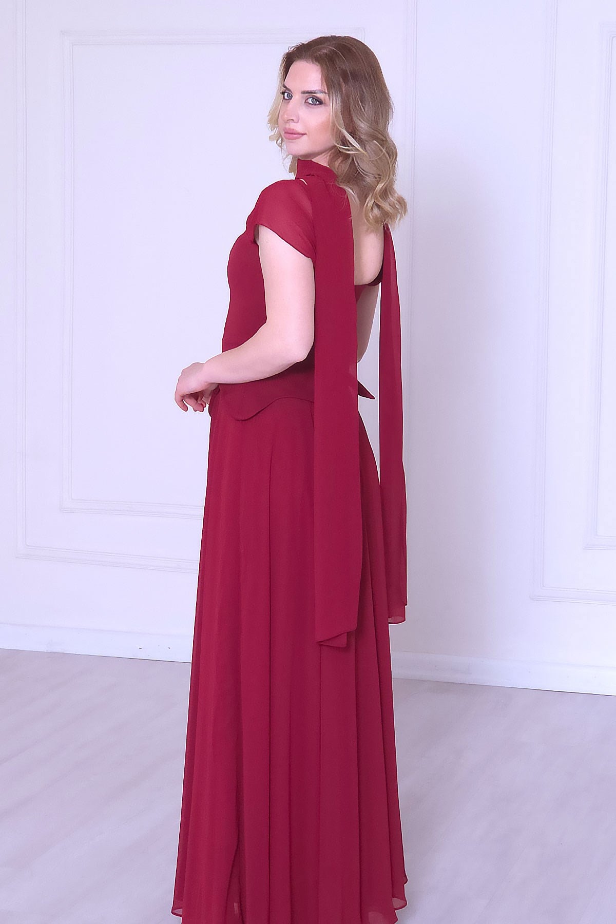 Bordo Korseli Şifon Etekli Abiye 9819