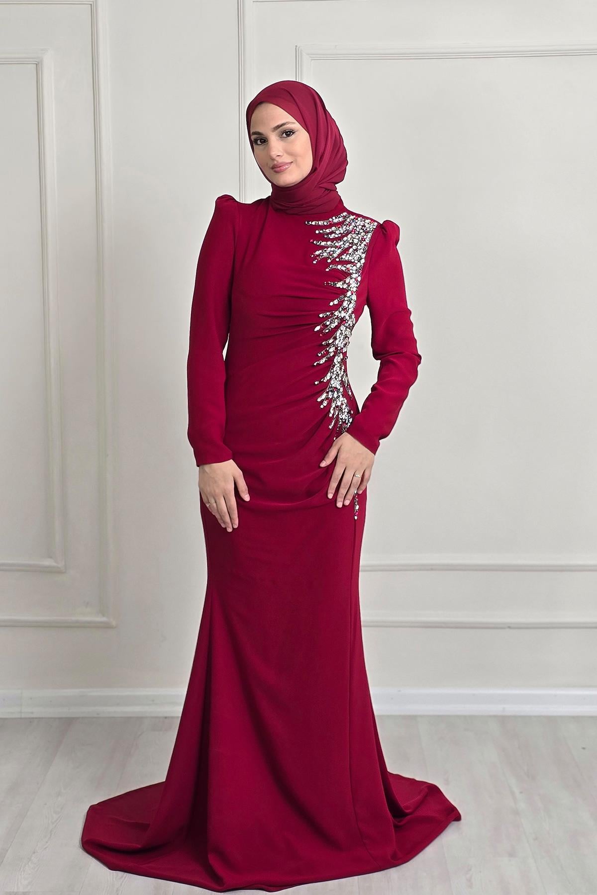 Bordo Krep Taşlı Abiye 4964