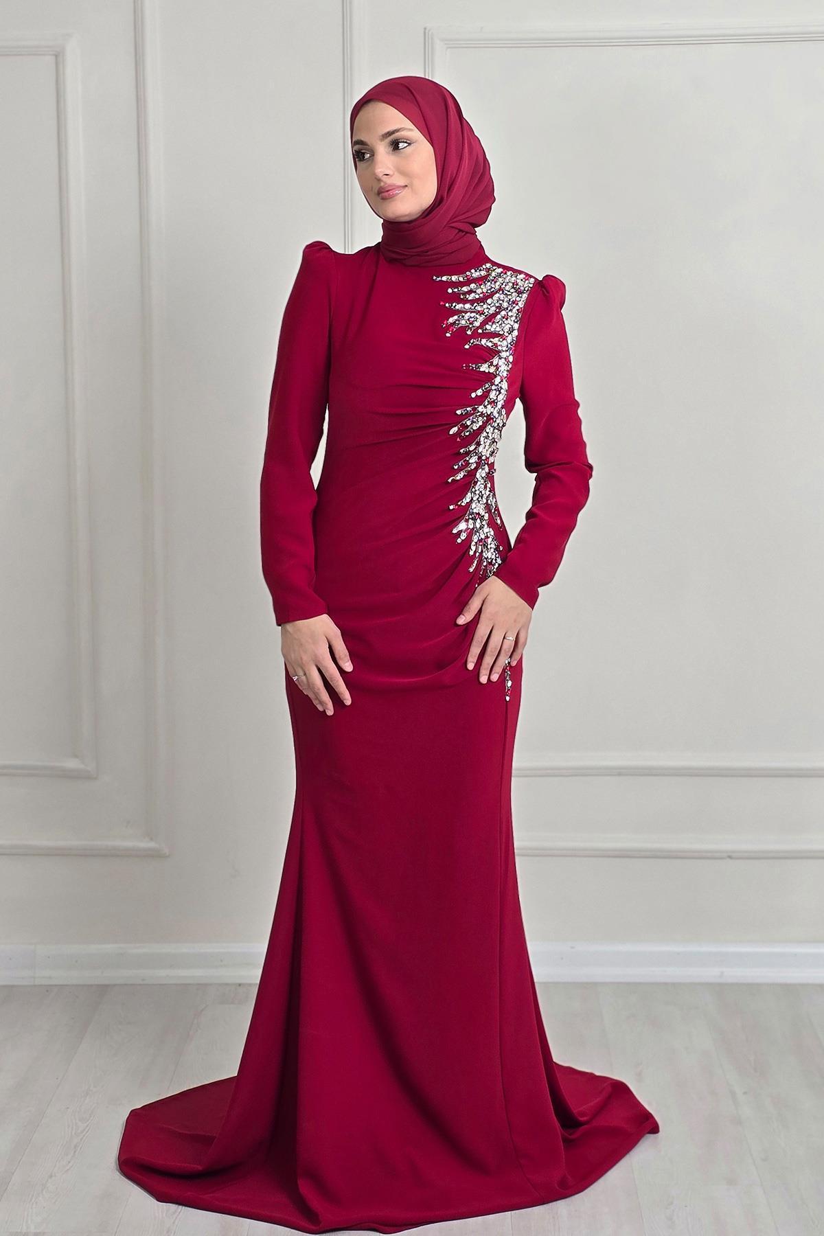 Bordo Krep Taşlı Abiye 4964