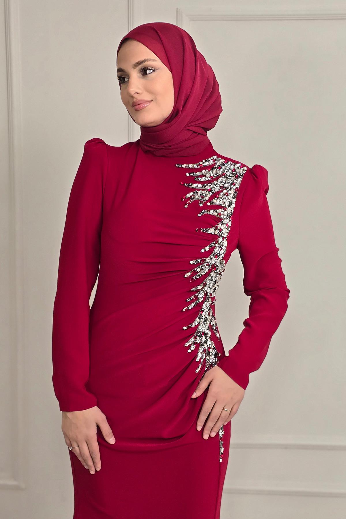 Bordo Krep Taşlı Abiye 4964