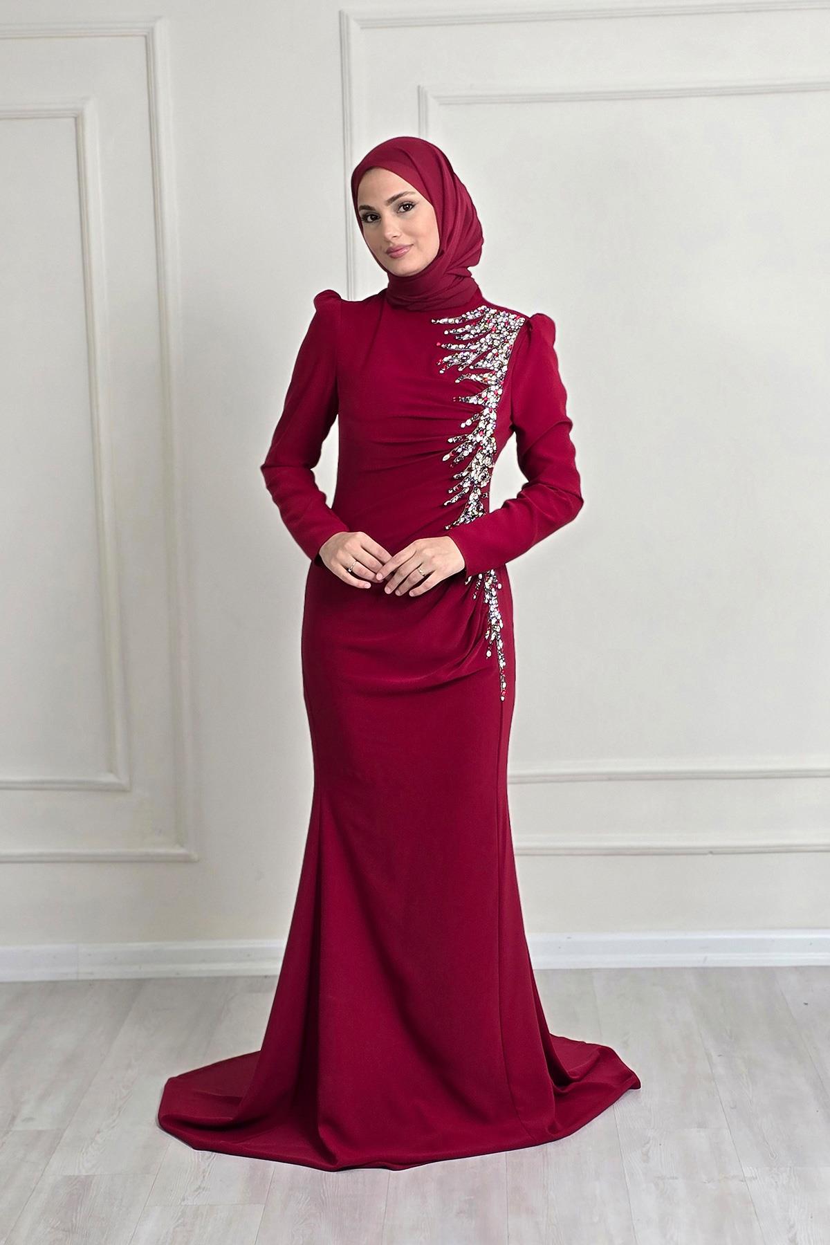 Bordo Krep Taşlı Abiye 4964