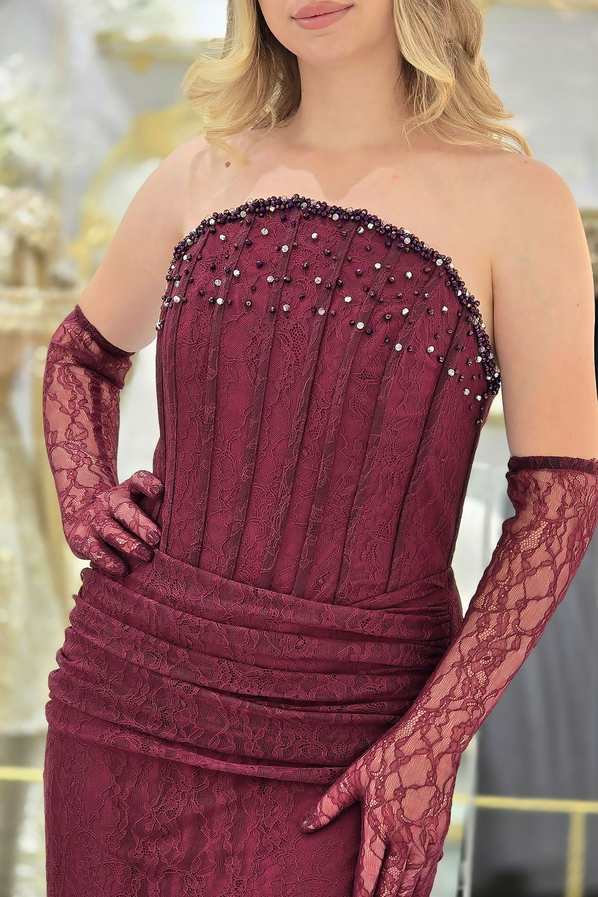 Bordo Lez Dantel Eldivenli Abiye 6161