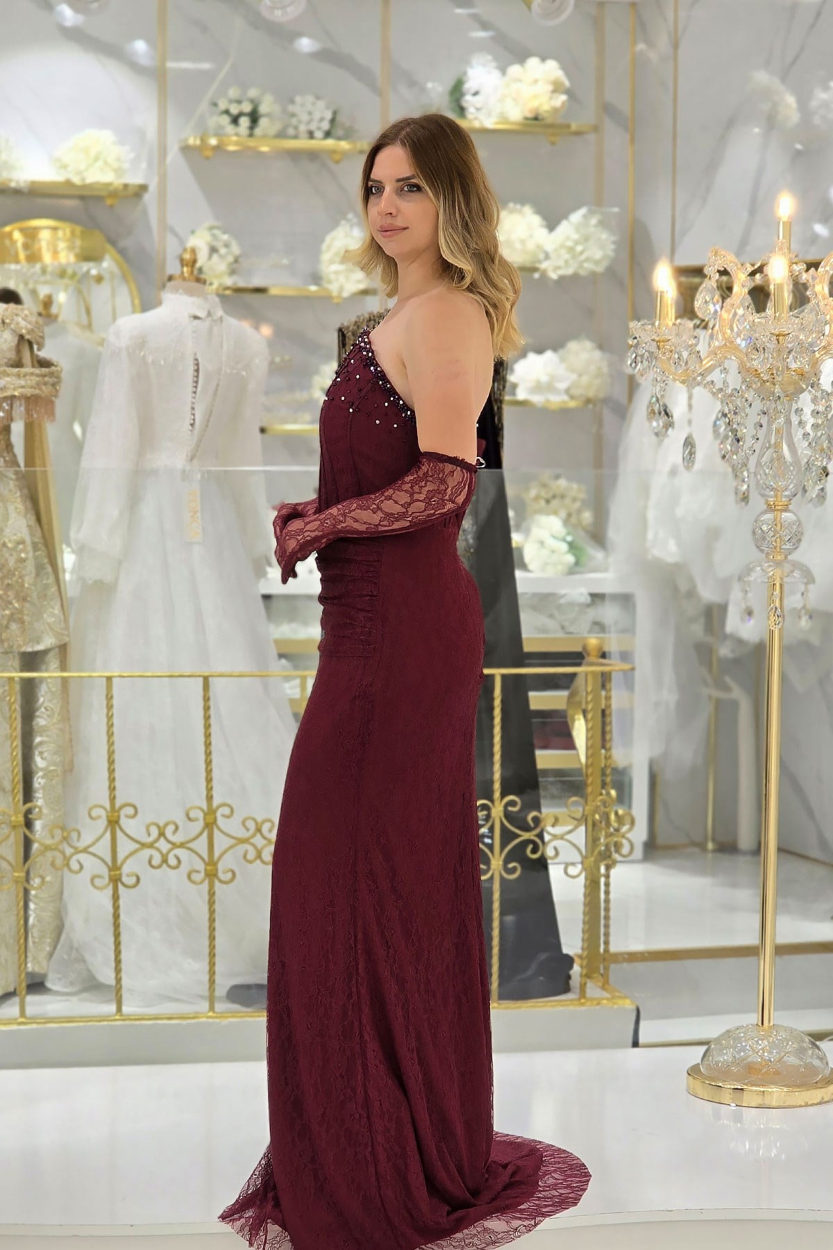 Bordo Lez Dantel Eldivenli Abiye 6161