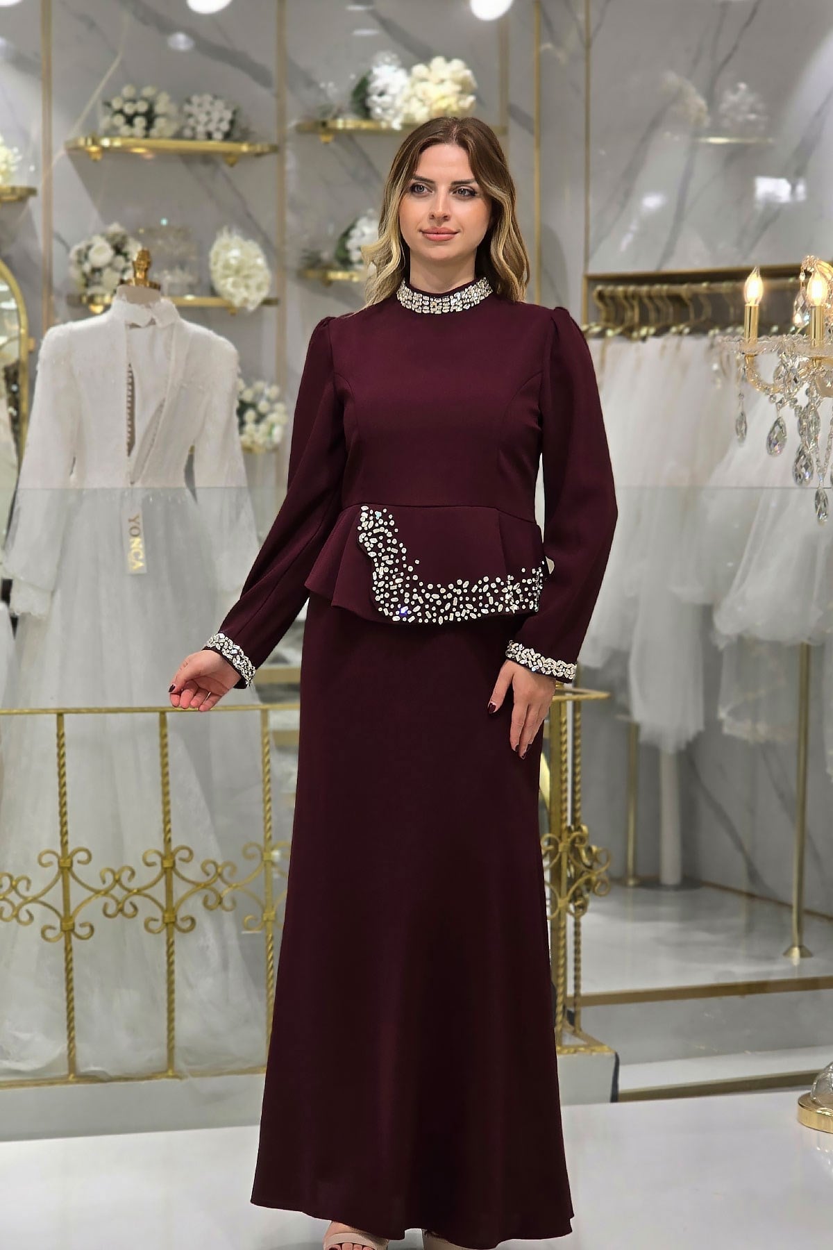 Bordo Taşlı Abiye 4862