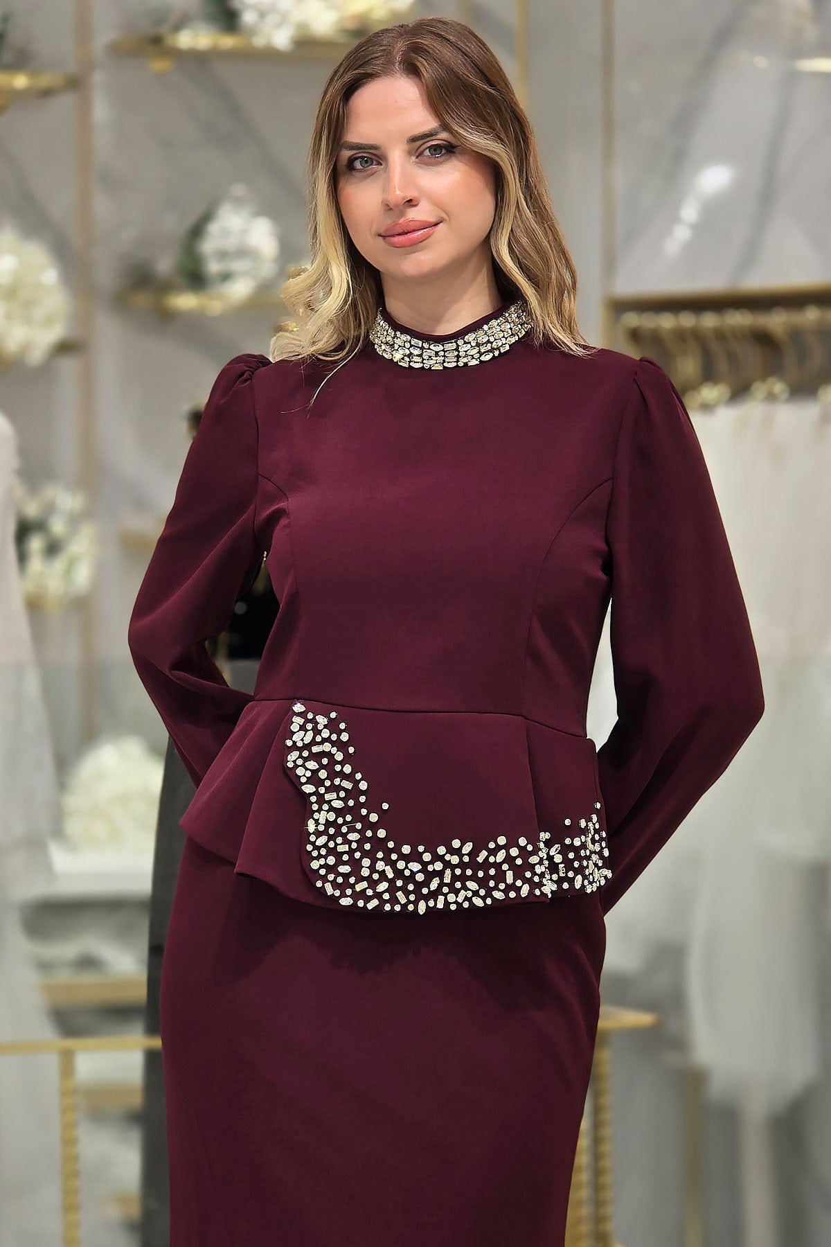 Bordo Taşlı Abiye 4862
