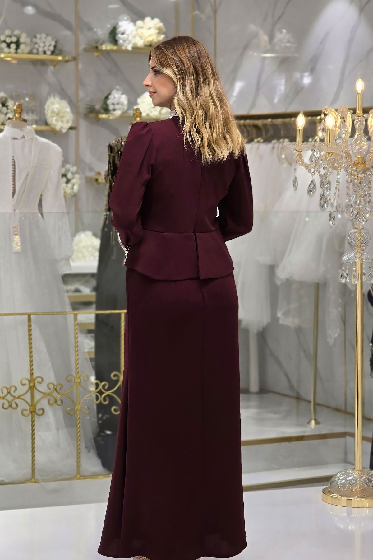 Bordo Taşlı Abiye 4862