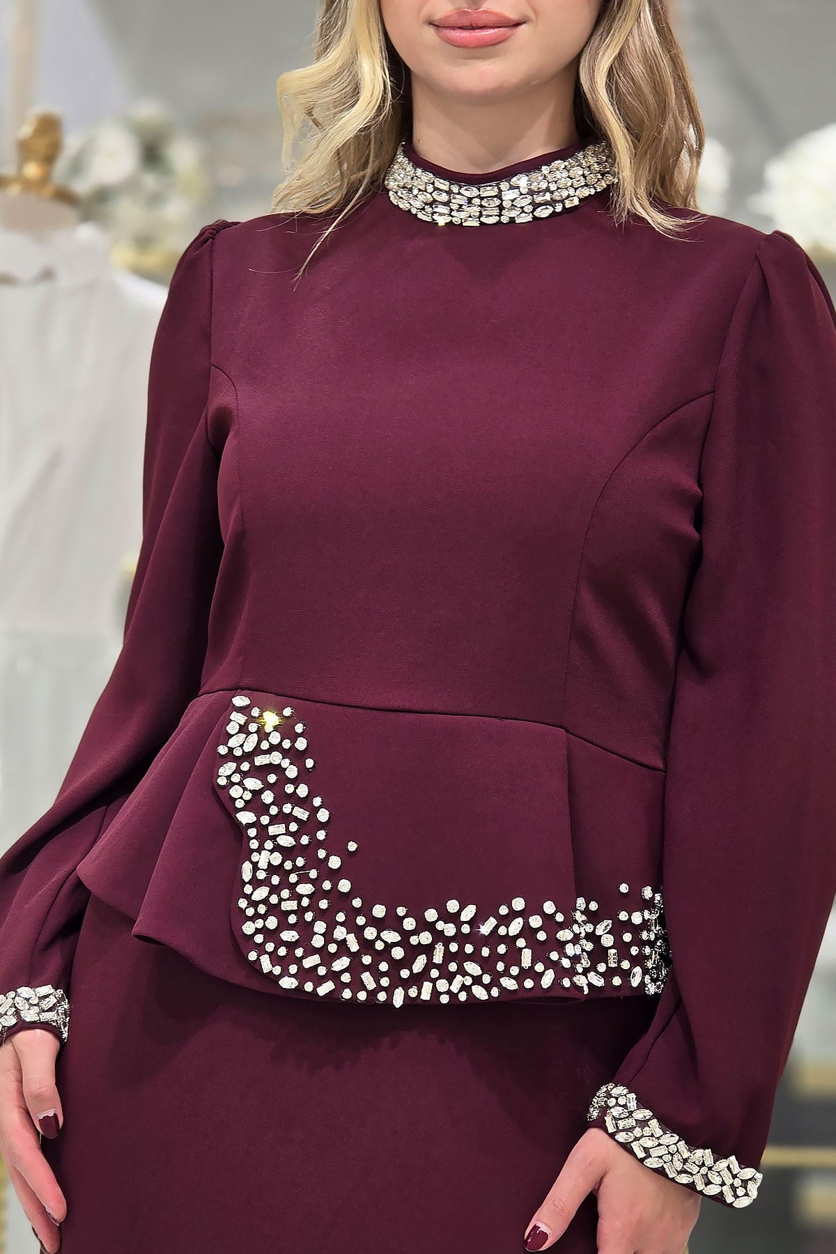 Bordo Taşlı Abiye 4862