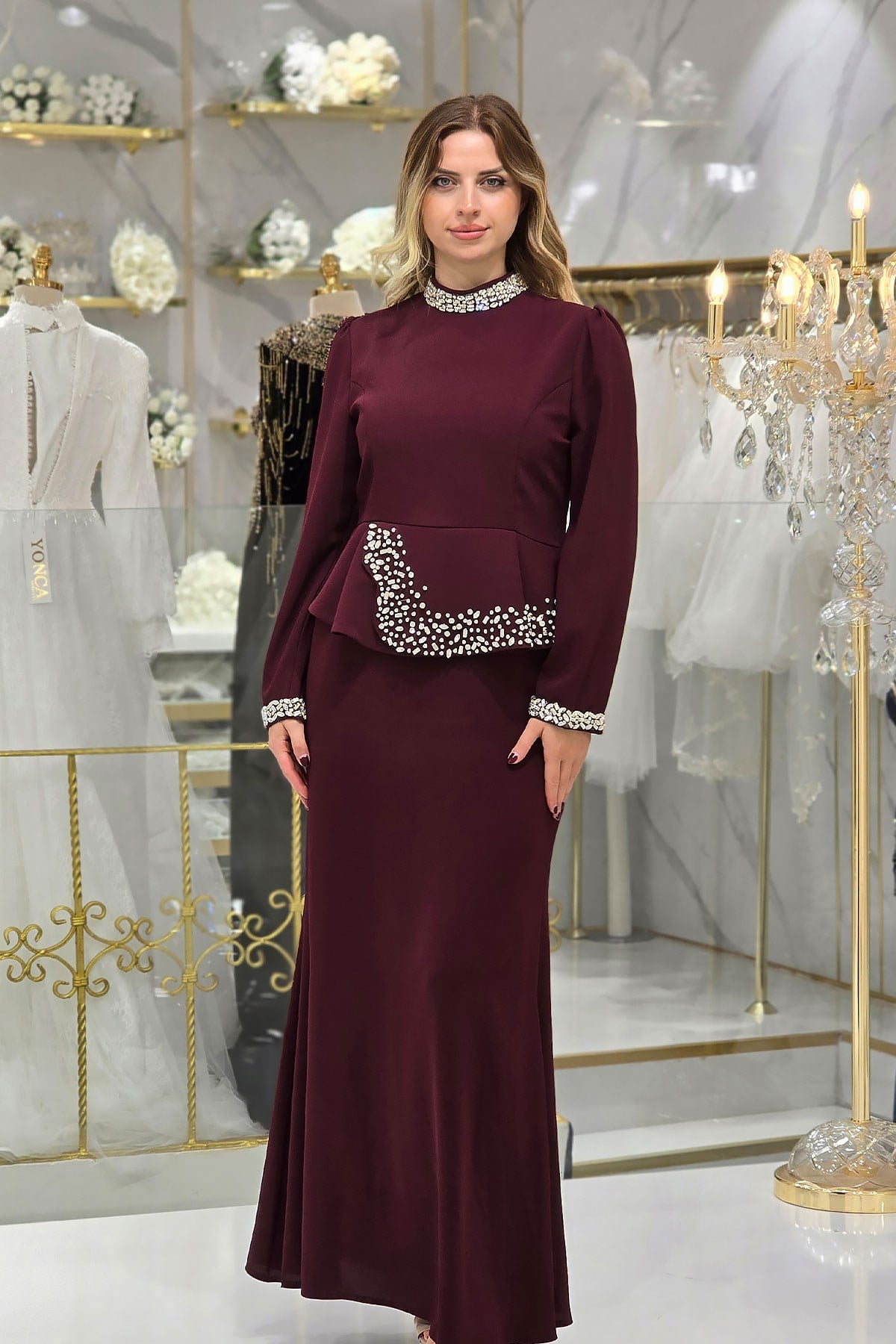 Bordo Taşlı Abiye 4862