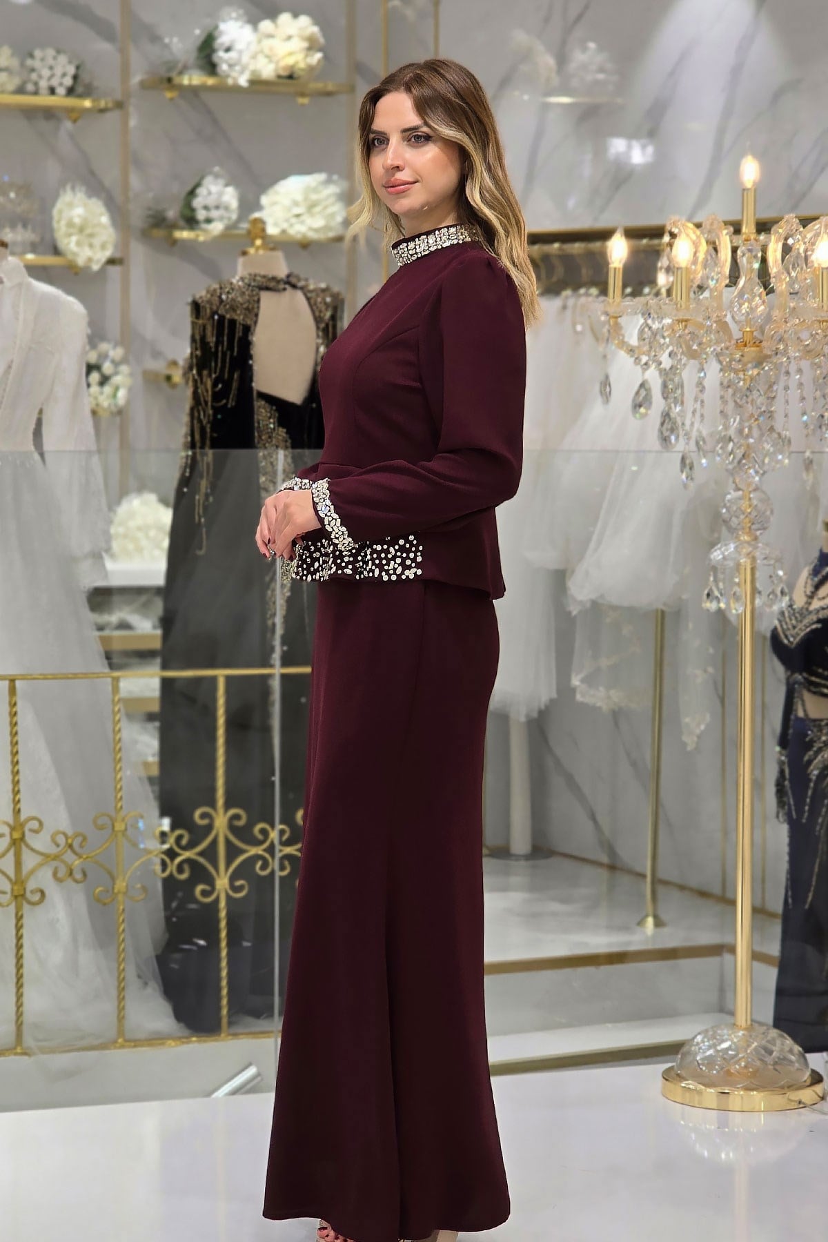 Bordo Taşlı Abiye 4862