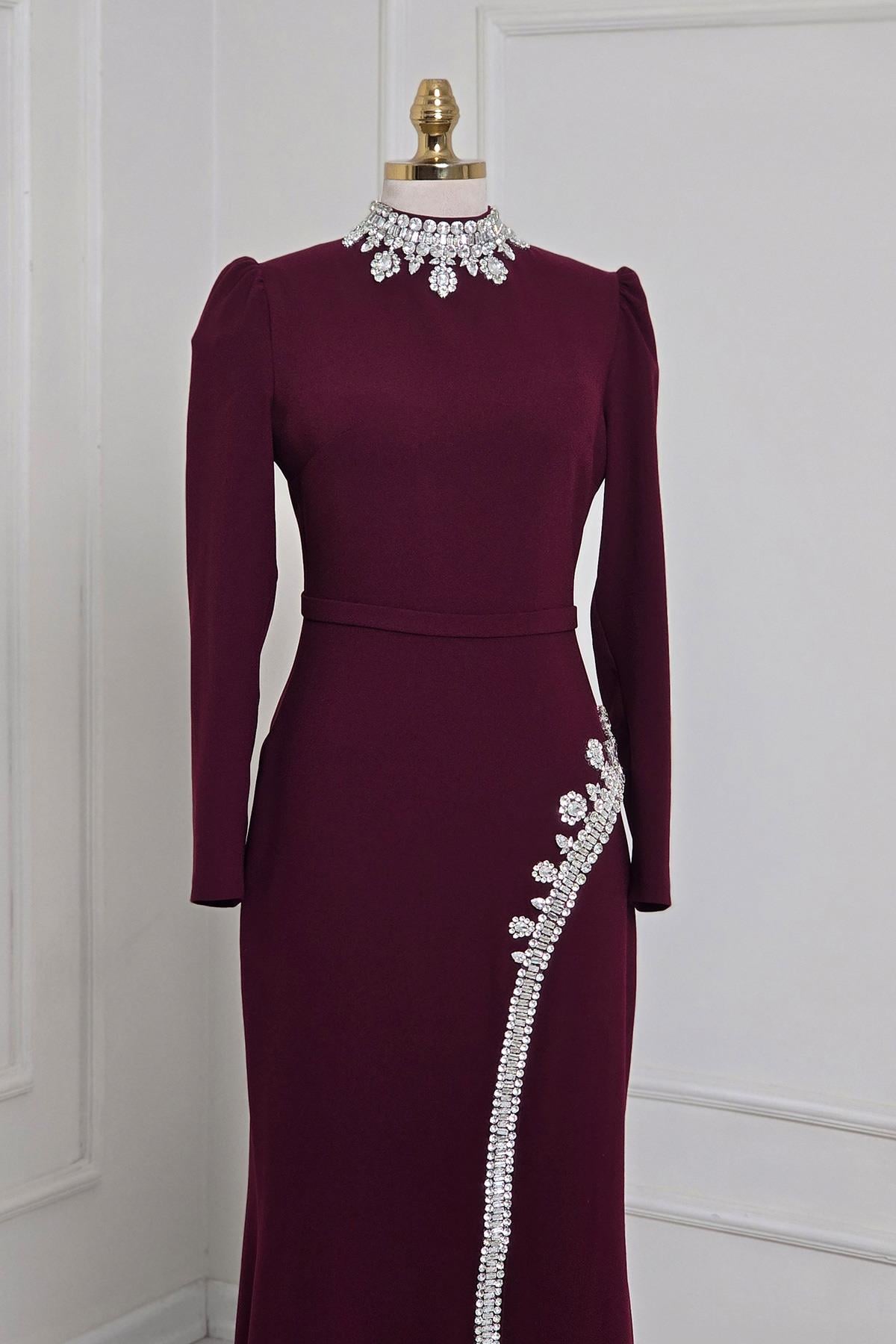 Bordo Taşlı Krep Elbise 4256
