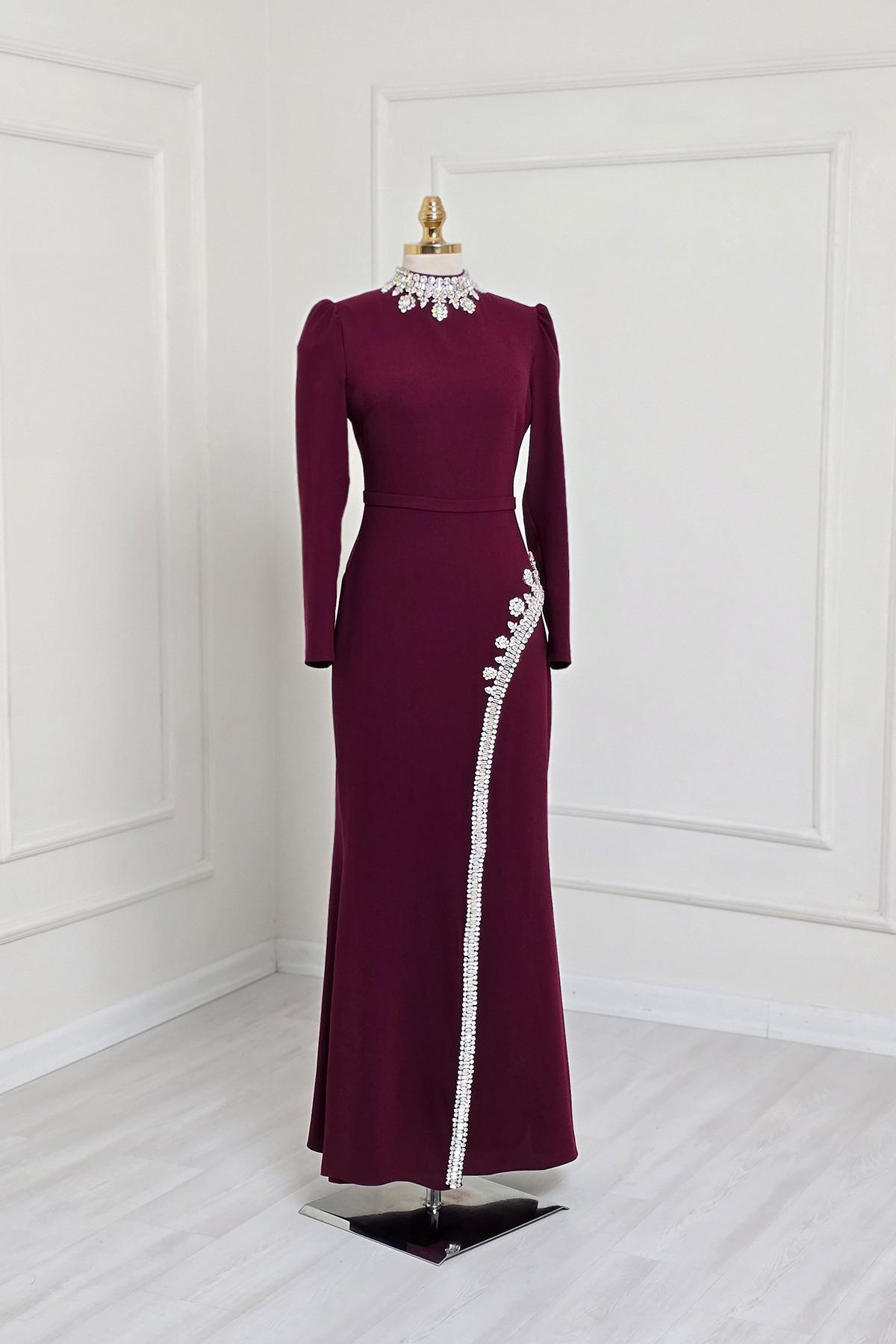 Bordo Taşlı Krep Elbise 4256