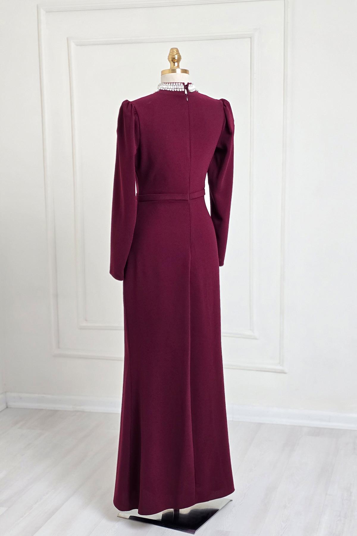 Bordo Taşlı Krep Elbise 4256