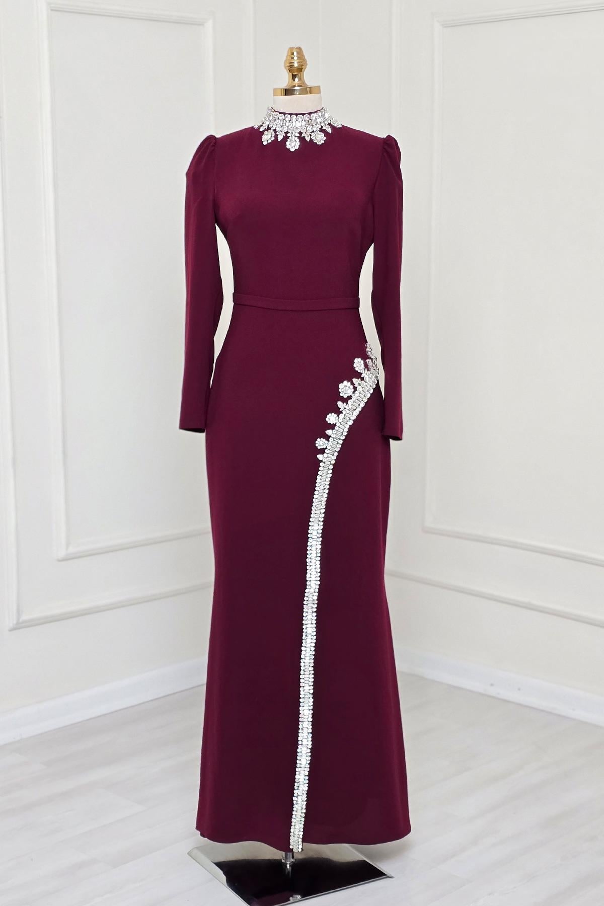 Bordo Taşlı Krep Elbise 4256