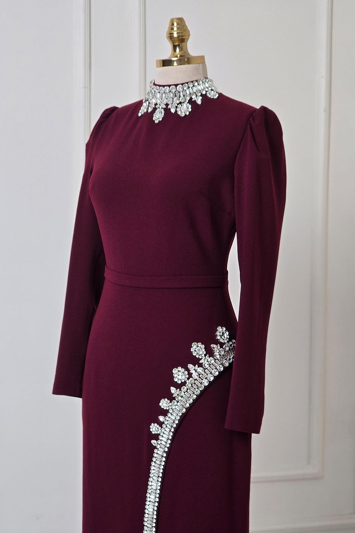 Bordo Taşlı Krep Elbise 4256