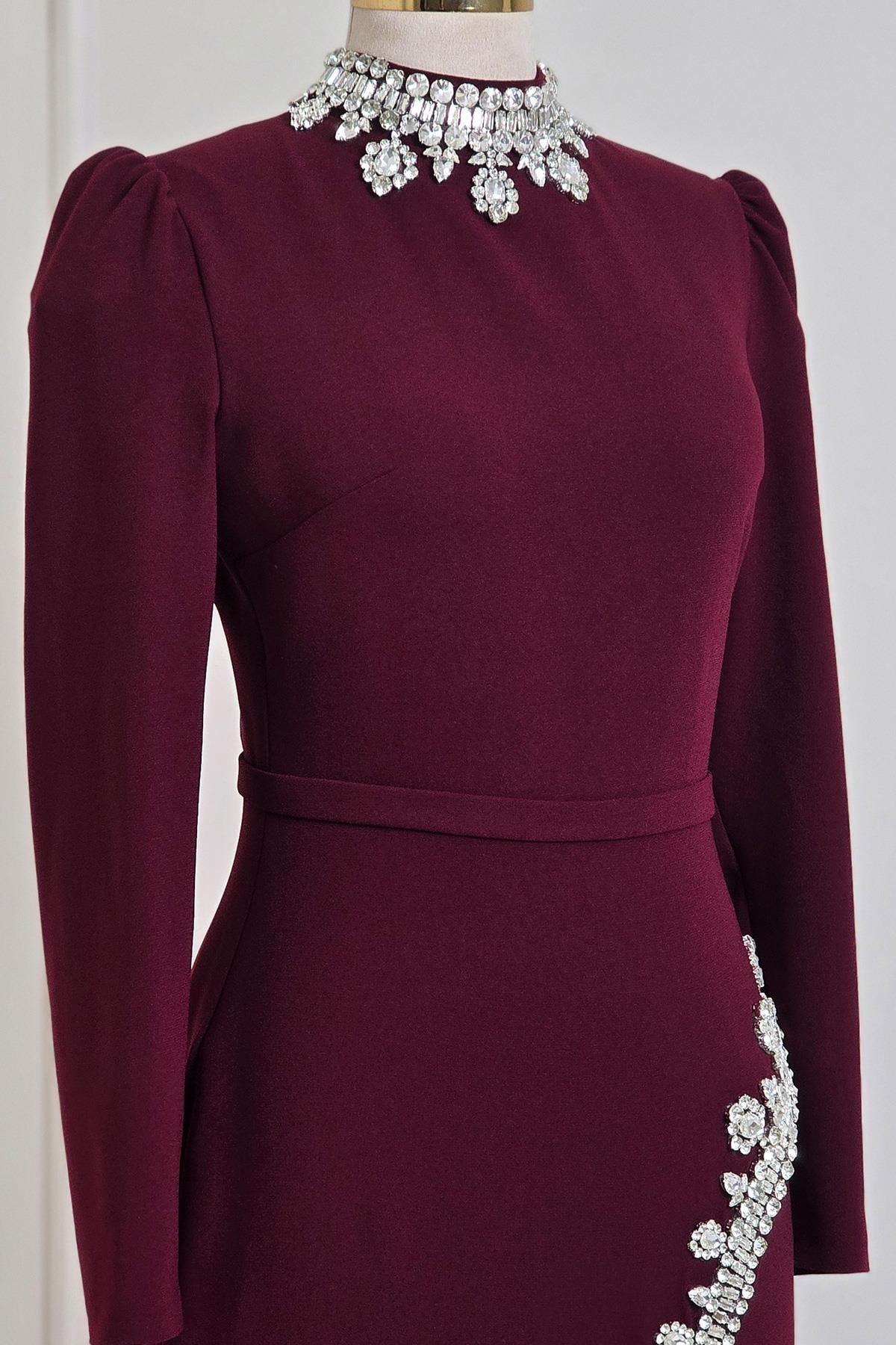 Bordo Taşlı Krep Elbise 4256