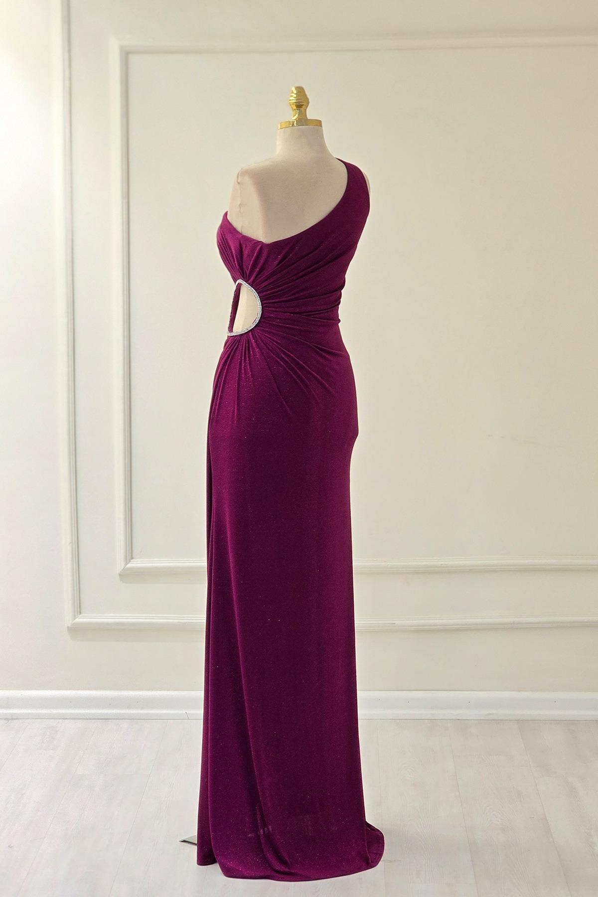 Bordo TEK KOL PARILTILI ELBİSE 2542