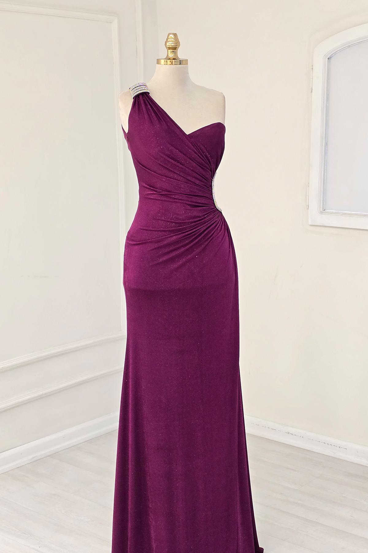 Bordo TEK KOL PARILTILI ELBİSE 2542