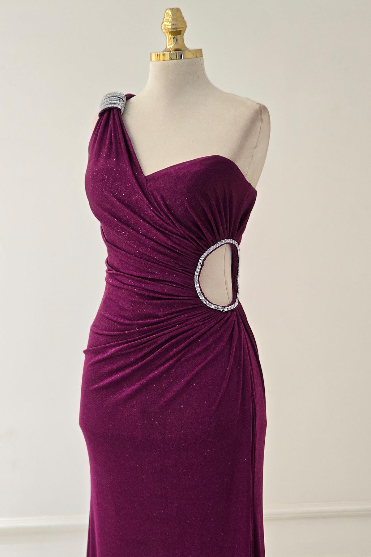 Bordo TEK KOL PARILTILI ELBİSE 2542