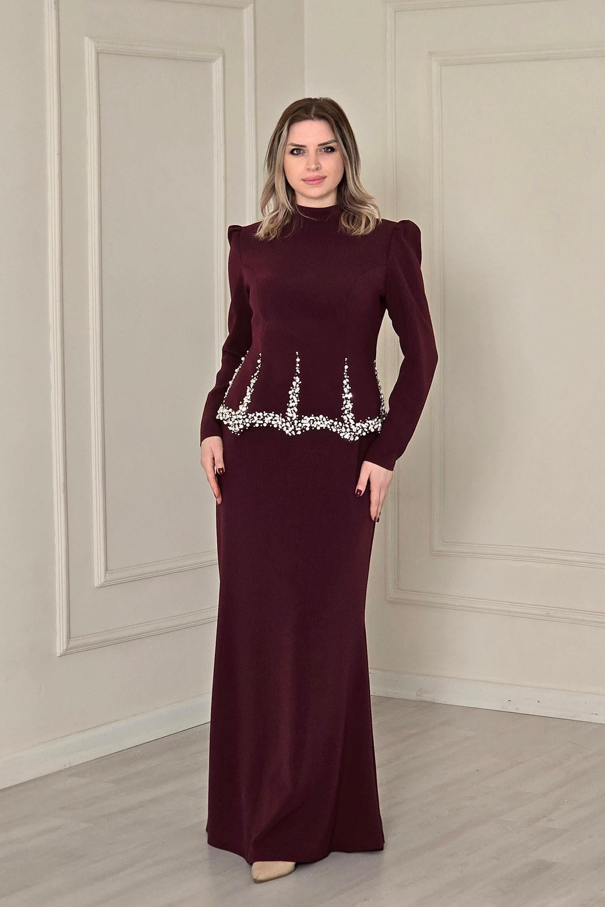 Bordo Tesettür Krep Abiye 4484