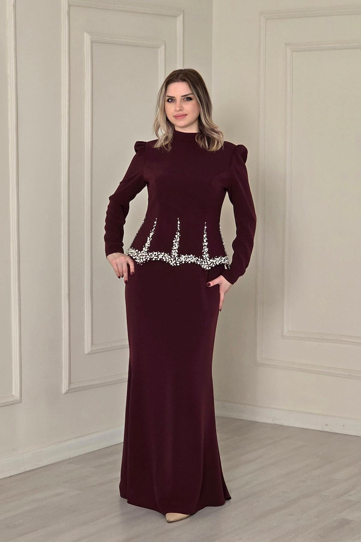 Bordo Tesettür Krep Abiye 4484