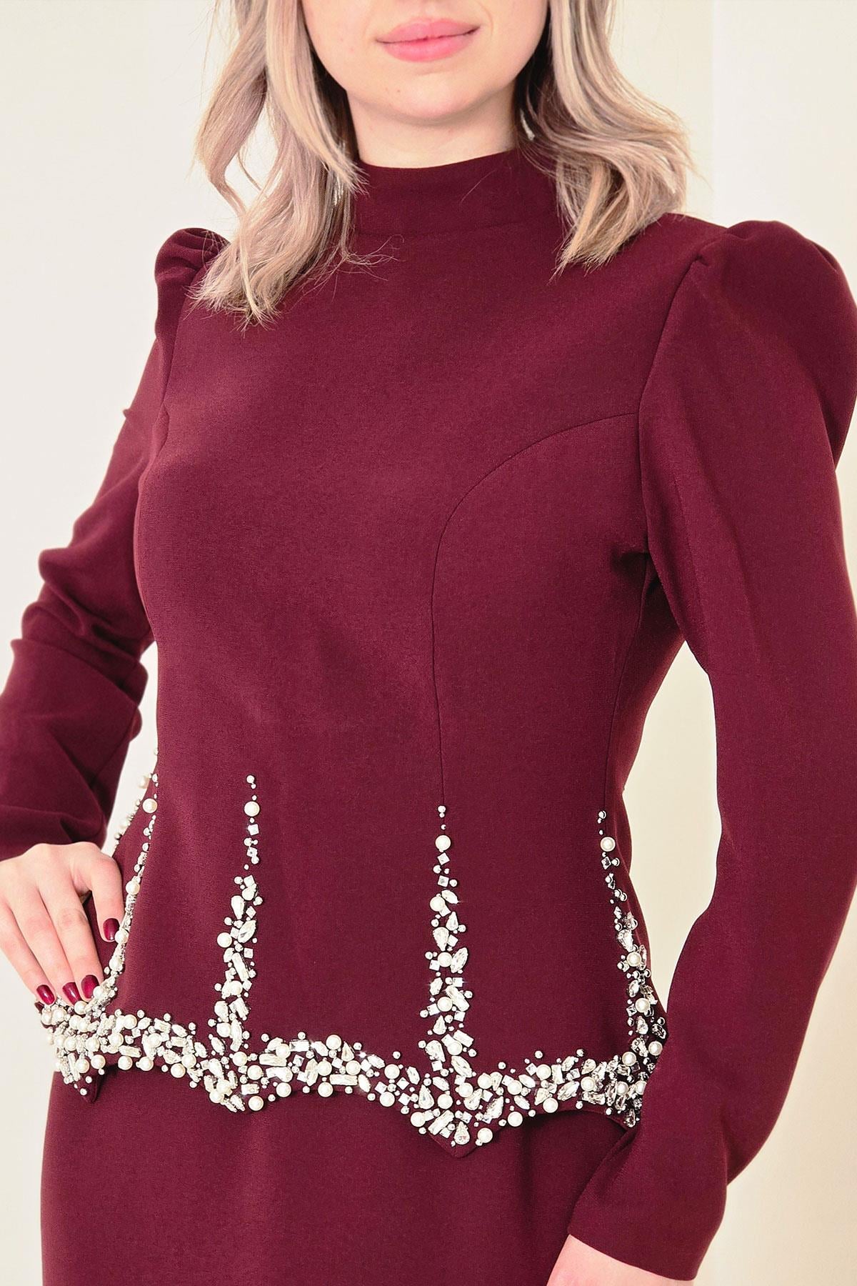 Bordo Tesettür Krep Abiye 4484