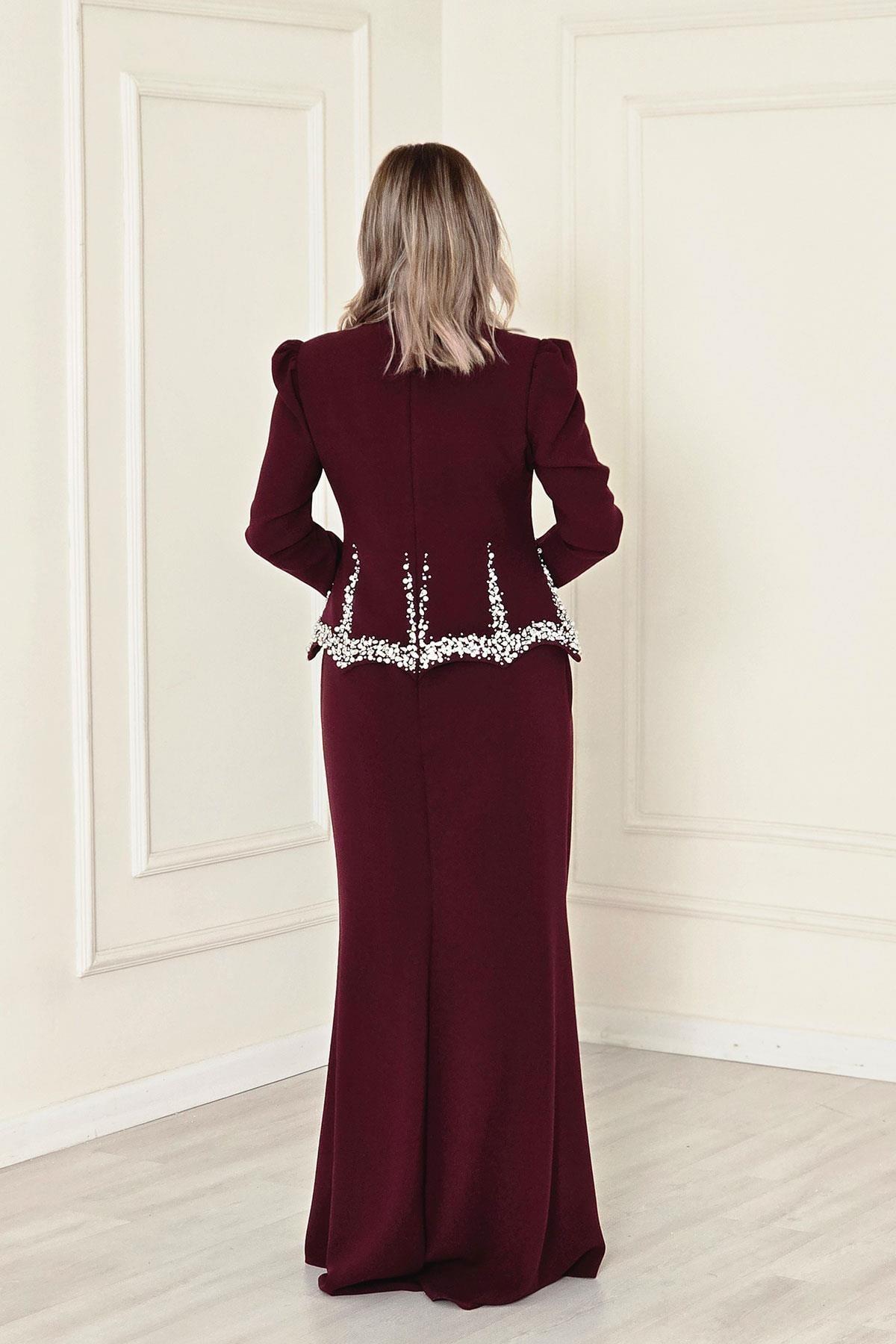 Bordo Tesettür Krep Abiye 4484
